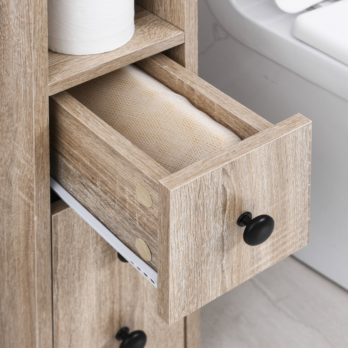 Porte-Papier Toilette 3 Niveaux avec Sortie Intégrée, Panneaux de Particules Aspect chêne Clair