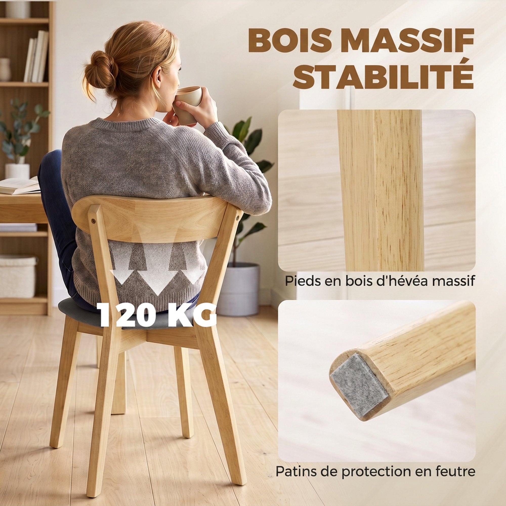 Lote de 2 sillas de comedor, sillas de cocina, asiento tapizado en lino, respaldo curvado, gris y madera natural
