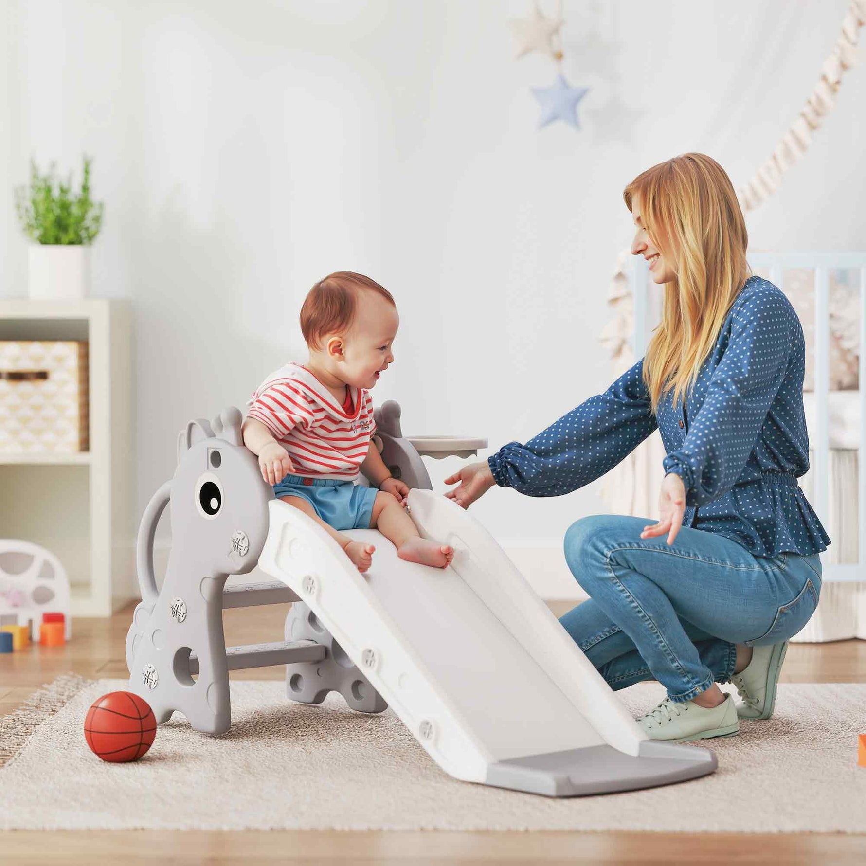 Toboggan pour enfants 3 en 1 en forme de girafe avec panier de basket, escalade et ballon, 106 x 51,5 x 52 cm, gris