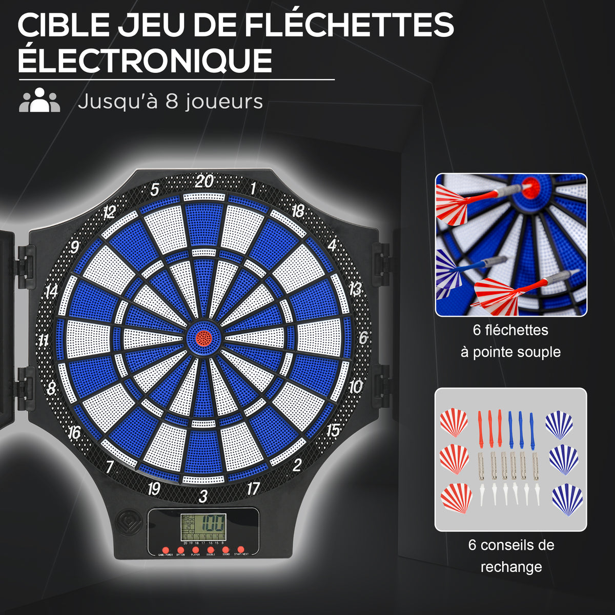 Cible jeu de fléchettes électronique refermable 2 portes 31 jeux jusqu'à 8 joueurs affichage LCD haut-parleur noir
