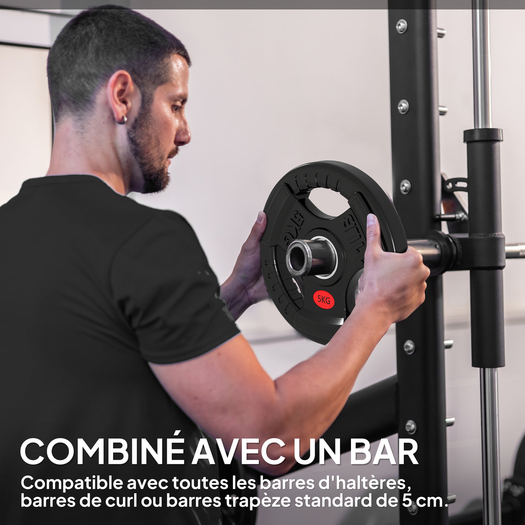 Disques de Poids en Acier 10 kg, Finition PVC, Plaques de Poids 2 x 5 kg, 3 Poignées, Trous de Ø 50 mm, Noir