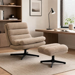 Loungefauteuil met verstelbare voetensteun, 360° draaibaar, gestoffeerd linnen accentfauteuil, brede zitting, bruin