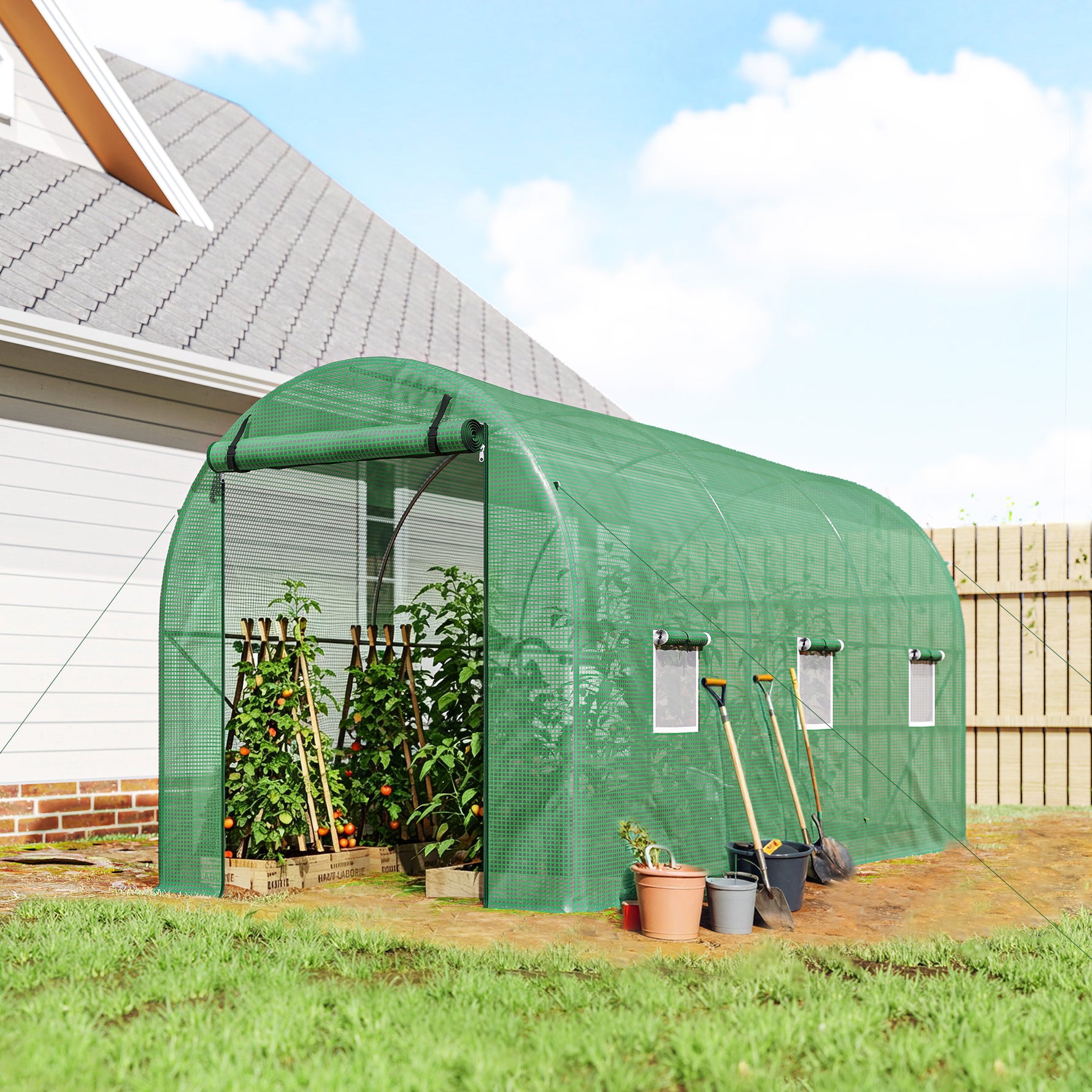 Serre de Jardin Tunnel 8 m² 4L x 2l x 1,9H m Acier galvanisé renforcé diamètre 2,4 cm + PE fenêtres Porte Vert