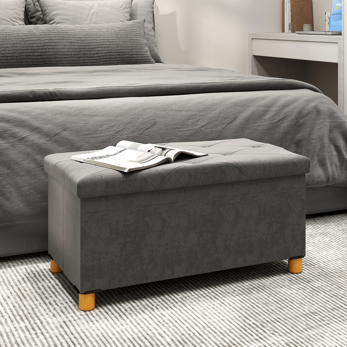 Opvouwbare opbergbank voor aan het voeteneind van het bed, inhoud 67 L, draagvermogen 120 kg, met deksel, 76L x 38B x 38H cm, grijs