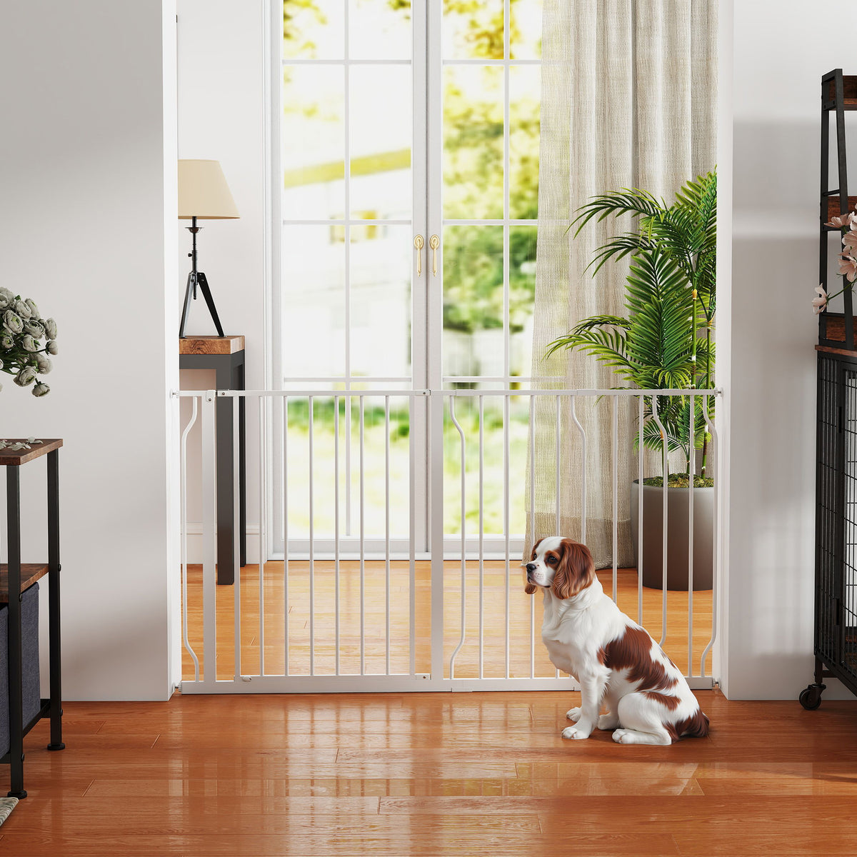 Barrière de sécurité chien barrière extensible 75-145 x 76 cm barrière escaliers couloirs portes sans perçage en acier et ABS blanc