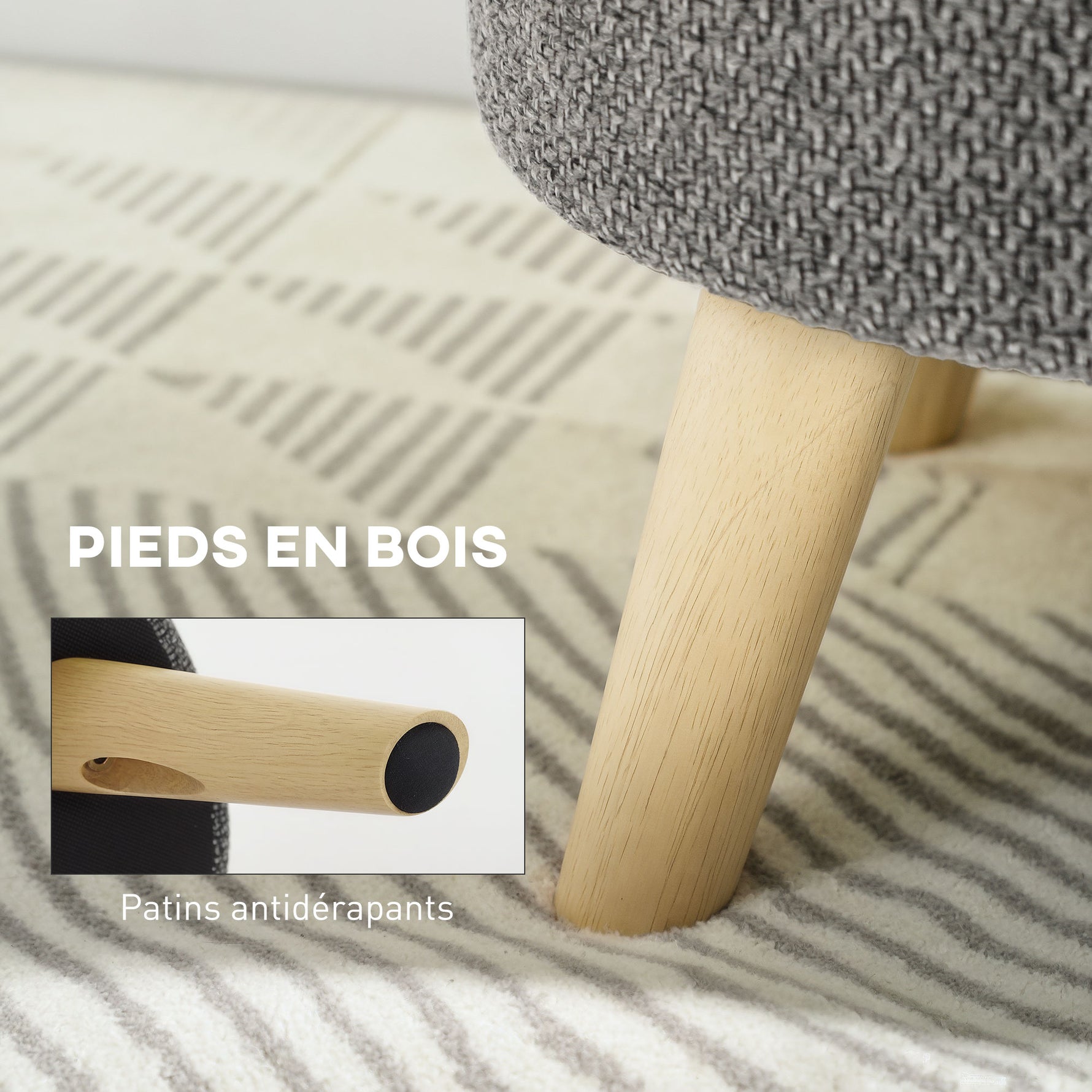 Pouf rond repose-pieds tabouret avec coffre de rangement pieds en bois design moderne gris
