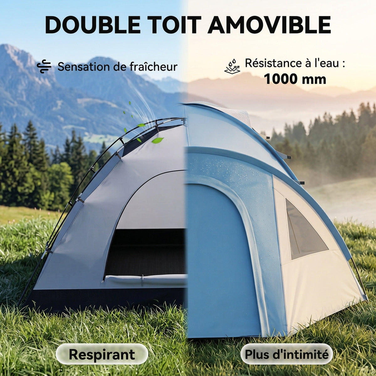 Tenda da campeggio familiare per 3 persone, tenda a cupola impermeabile leggera, ventilata, facile da montare, doppia porta e