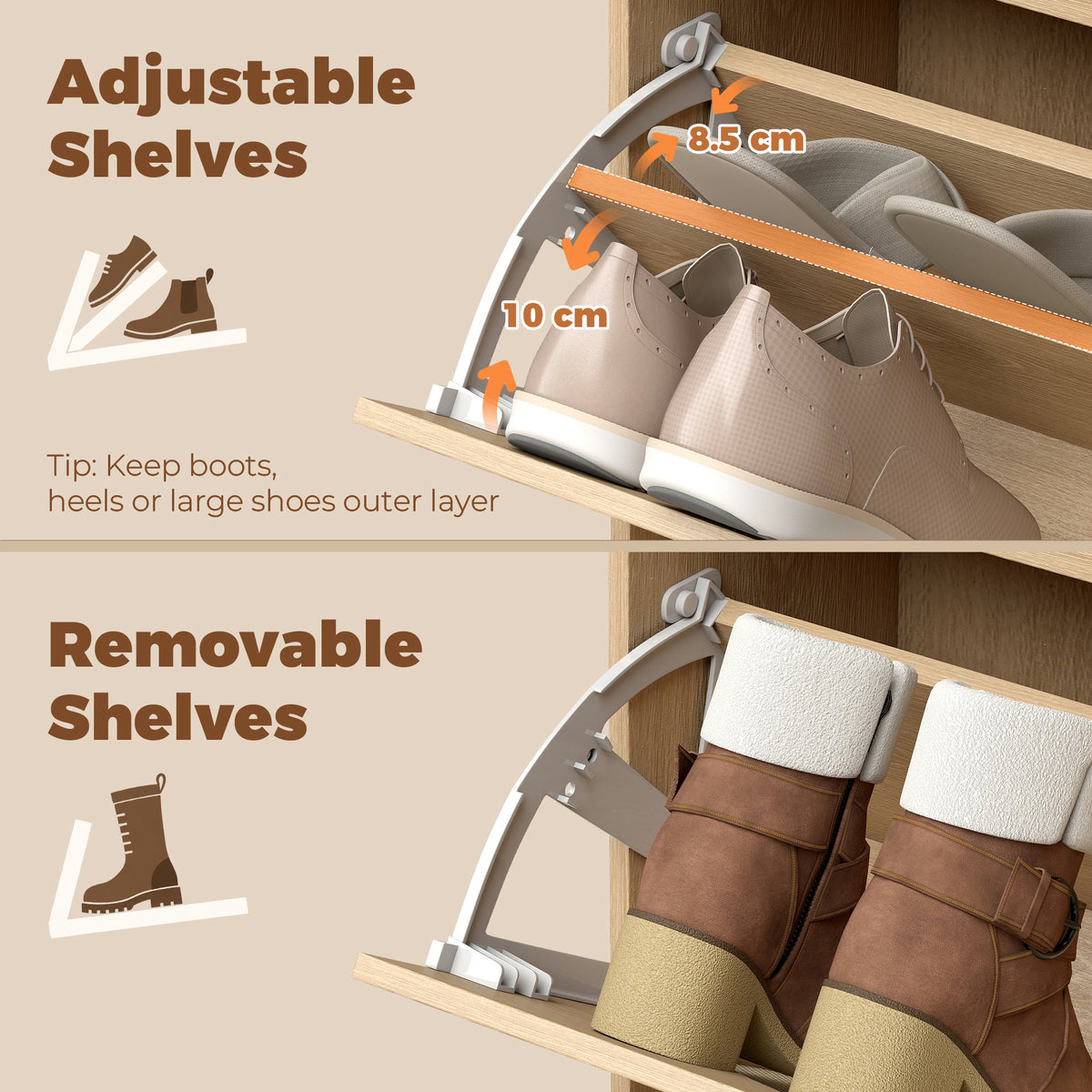 Meuble à Chaussures 10 Paires, Armoire à Chaussures, Porte en Miroir, 2 Tiroirs Rabattables et Étagères Réglables, Chêne