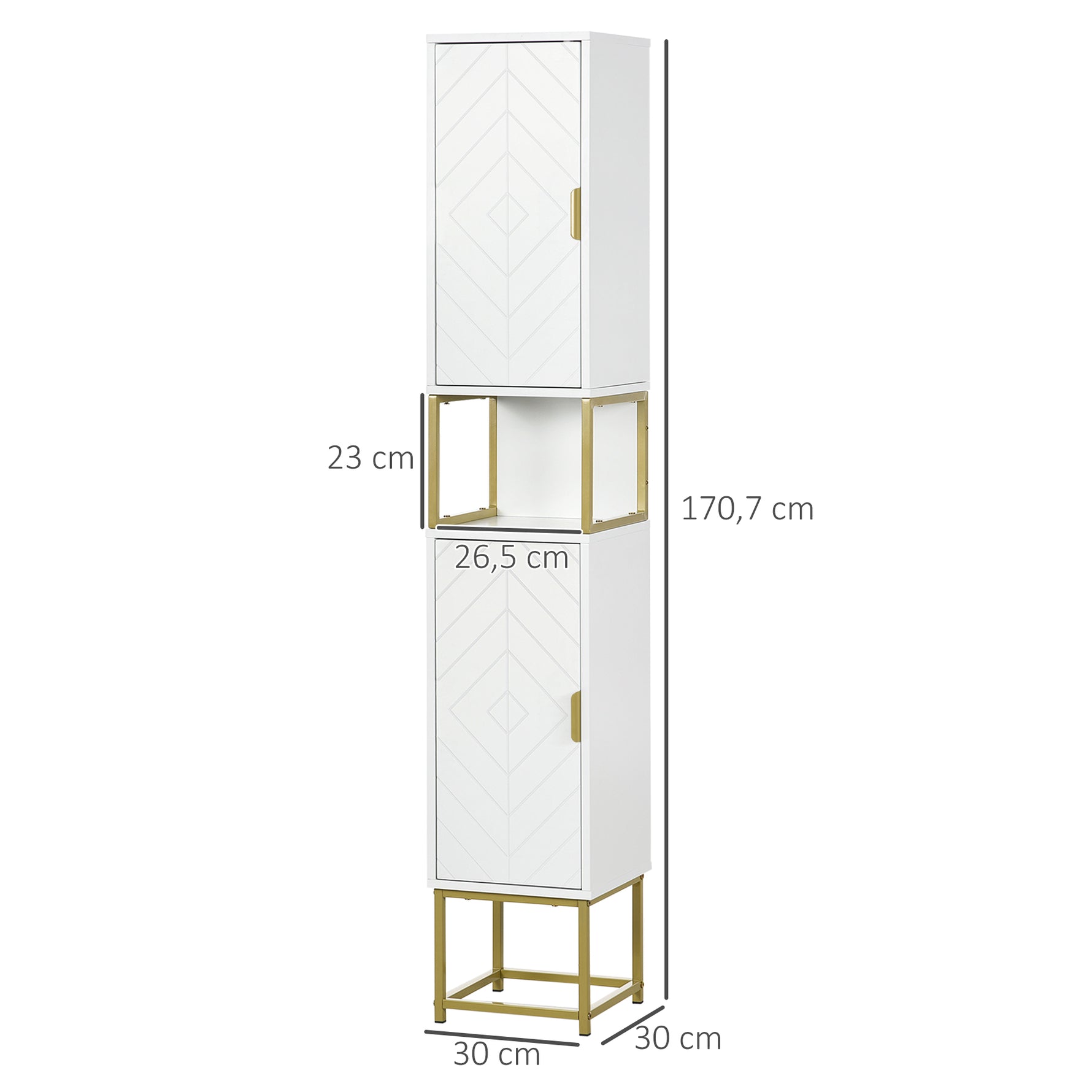 Meuble colonne rangement salle de bain avec niche et 2 placards étagère réglable pieds en acier