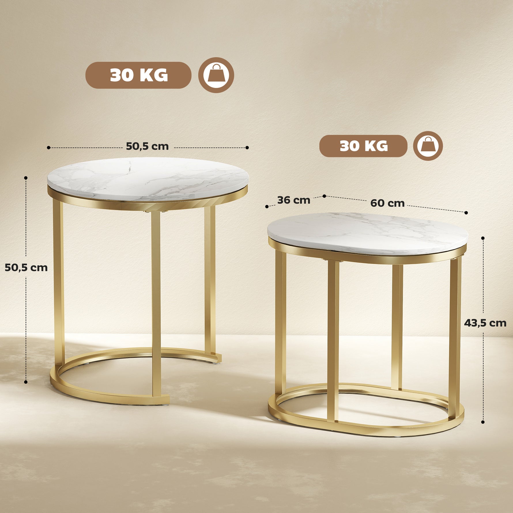 Lot de 2 tables basses tables d'appoint gigognes encastrables structure en acier et plateau en bois aspect marbre or