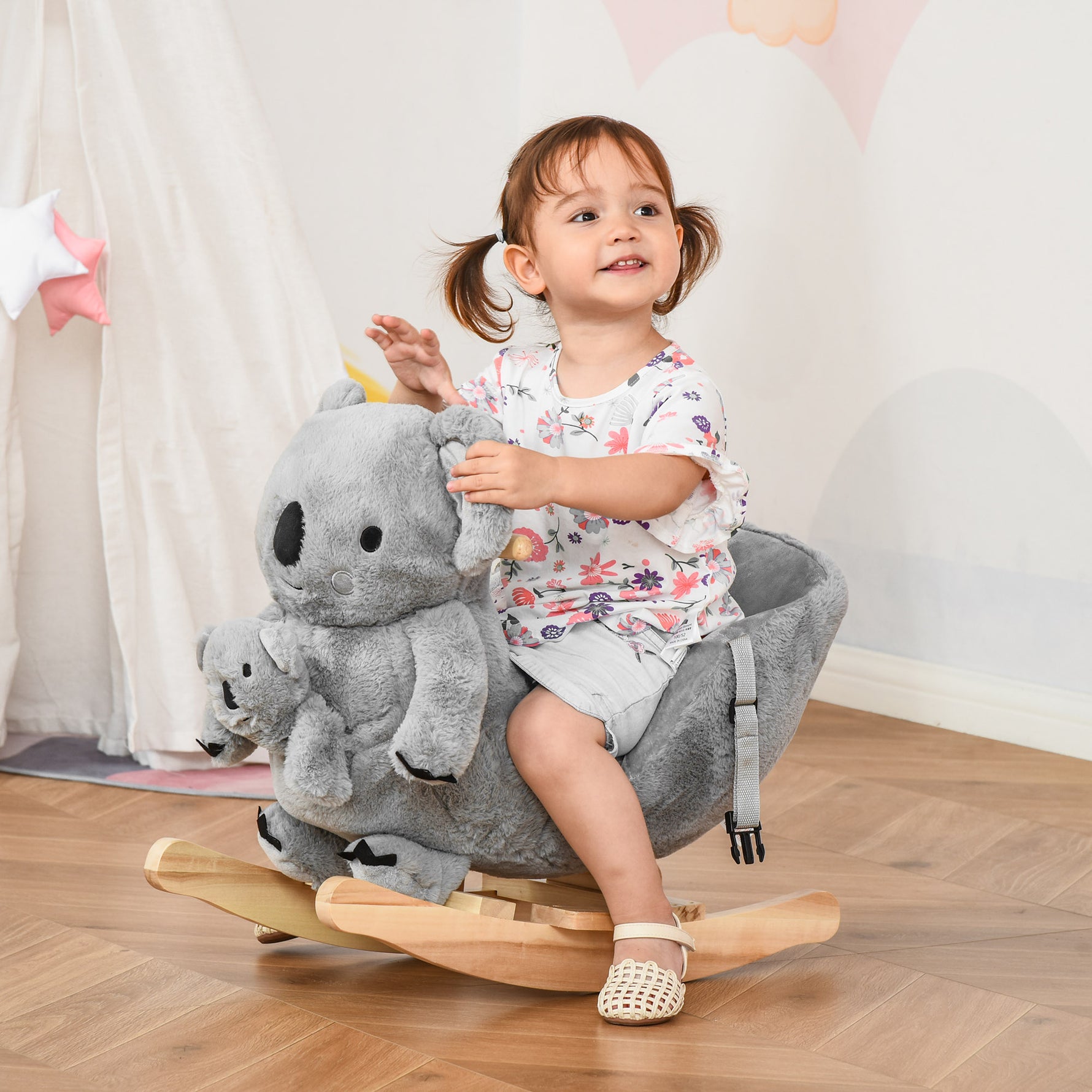 Jouet à Bascule Koala avec marionnette - Effet sonore Rugissement - Fauteuil intégré, Ceinture de sécurité - pour 18-36 mois - Bois peuplier Peluche Courte Polyester Gris