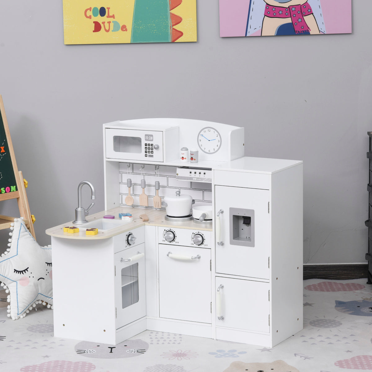 Cuisine Bois Jeu d'imitation - Cuisine Enfant 3+ Ans - Nombreux Accessoires & rangements Inclus - micro-ondes, hotte, évier avec robinet - MDF pin Blanc