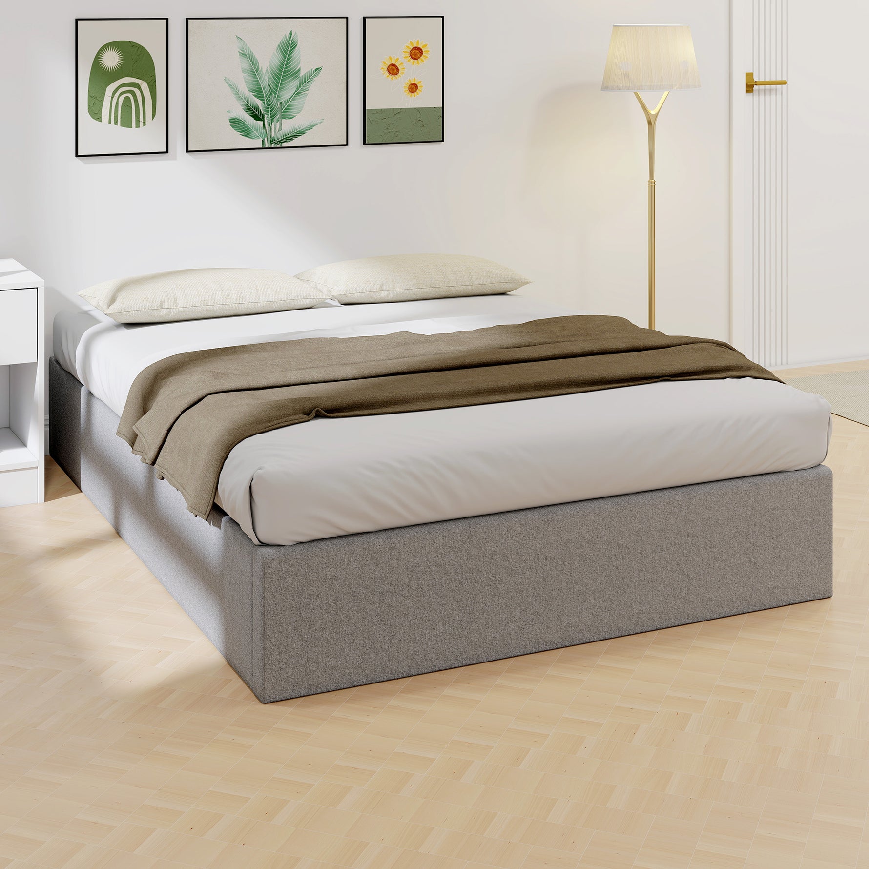 Lit coffre 140 x 190 cm, cadre de lit double rembourré, sommier à lattes en bois, rangement caché, sans bruit, gris