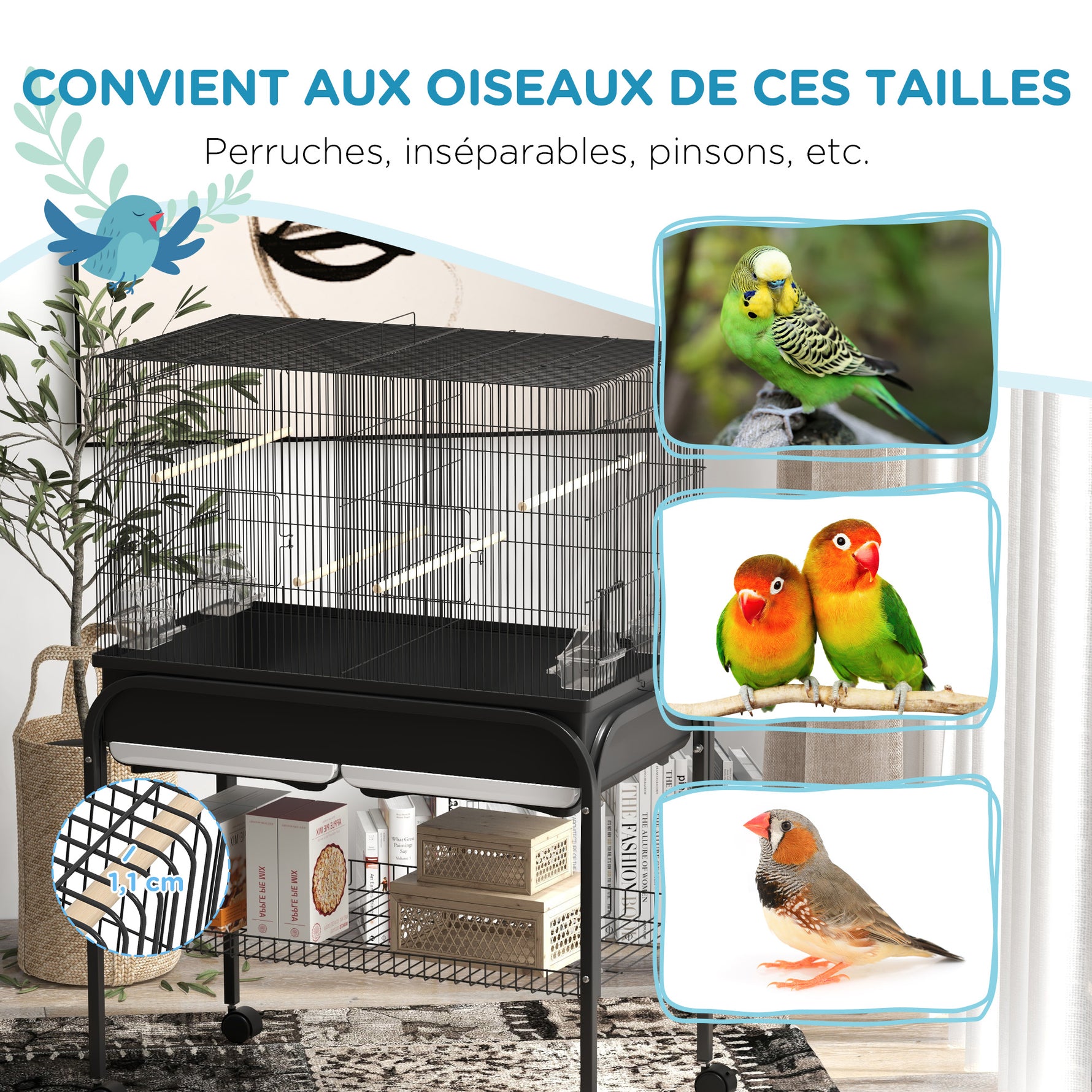 Grand cage oiseaux cage perroquet avec support roulettes pour cacatoès perruche canaris perroquet 85 x 49 x 119 cm noir