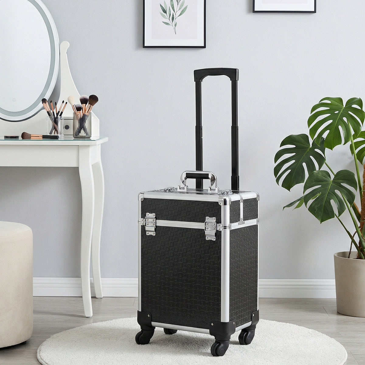 Valise trolley maquillage mallette cosmétique vanity poignée télescopique réglable 34L x 24l x 52H cm alu. noir