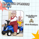 Porteur tracteur enfants avec coffre amovible, râteau et pelle, voiture enfants avec lumière LED et klaxon, bleu