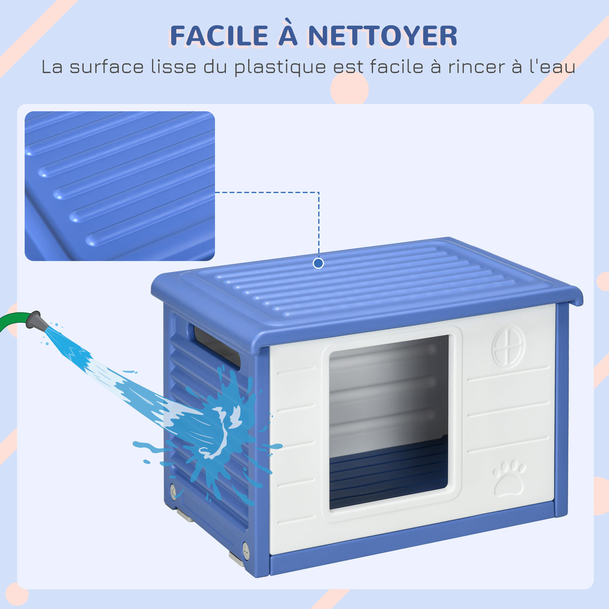 Niche pour chien extérieure en plastique maison pour chiens avec bouches d'aération bleu et blanc