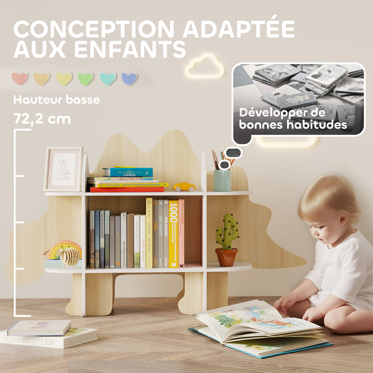 Bibliothèque enfant meuble de rangement pour jouets et livres 6 compartiments 120x28x72,2cm bois naturel