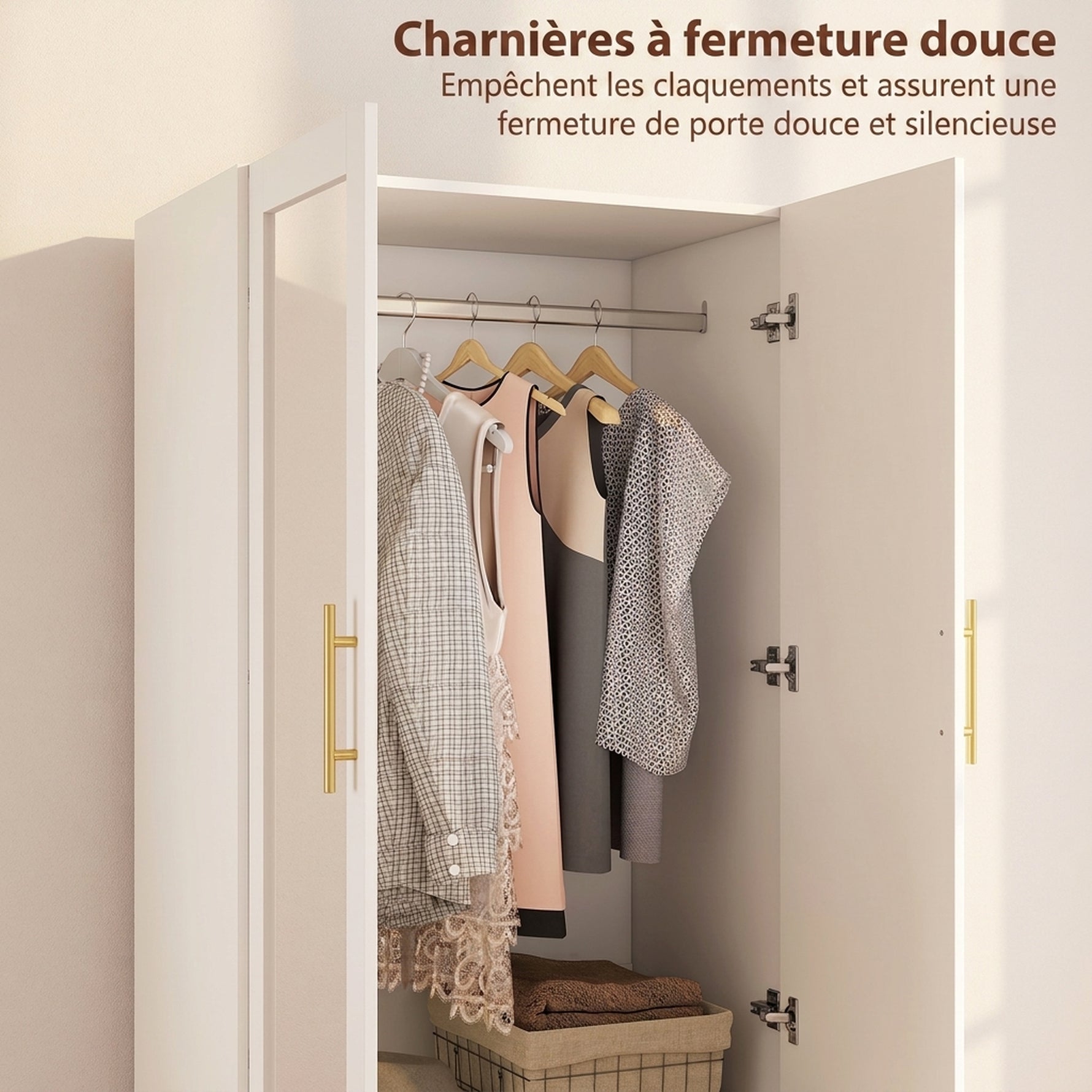 Armoire chambre penderie avec miroir, 2 tiroirs, 2 portes et barre de suspension, 80 x 50 x 180 cm, blanc