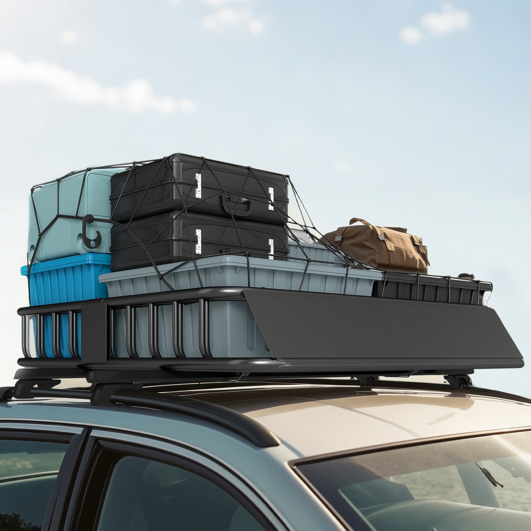 Porte-bagage pour voiture universel, galerie de toit pour voiture en acier charge 90,7 kg 110,5 x 99,5 x 18,5 cm, noir