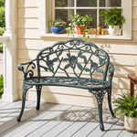 Banc de Jardin 2 Places Style néo-rétro Motif Rose Lignes fuselées 100L x 54l x 78H cm Fonte d'aluminium Vert