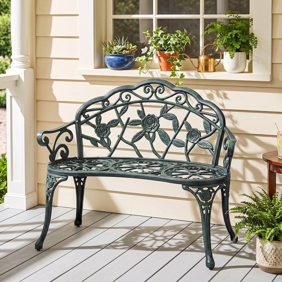 Banc de Jardin 2 Places Style néo-rétro Motif Rose Lignes fuselées 100L x 54l x 78H cm Fonte d'aluminium Vert