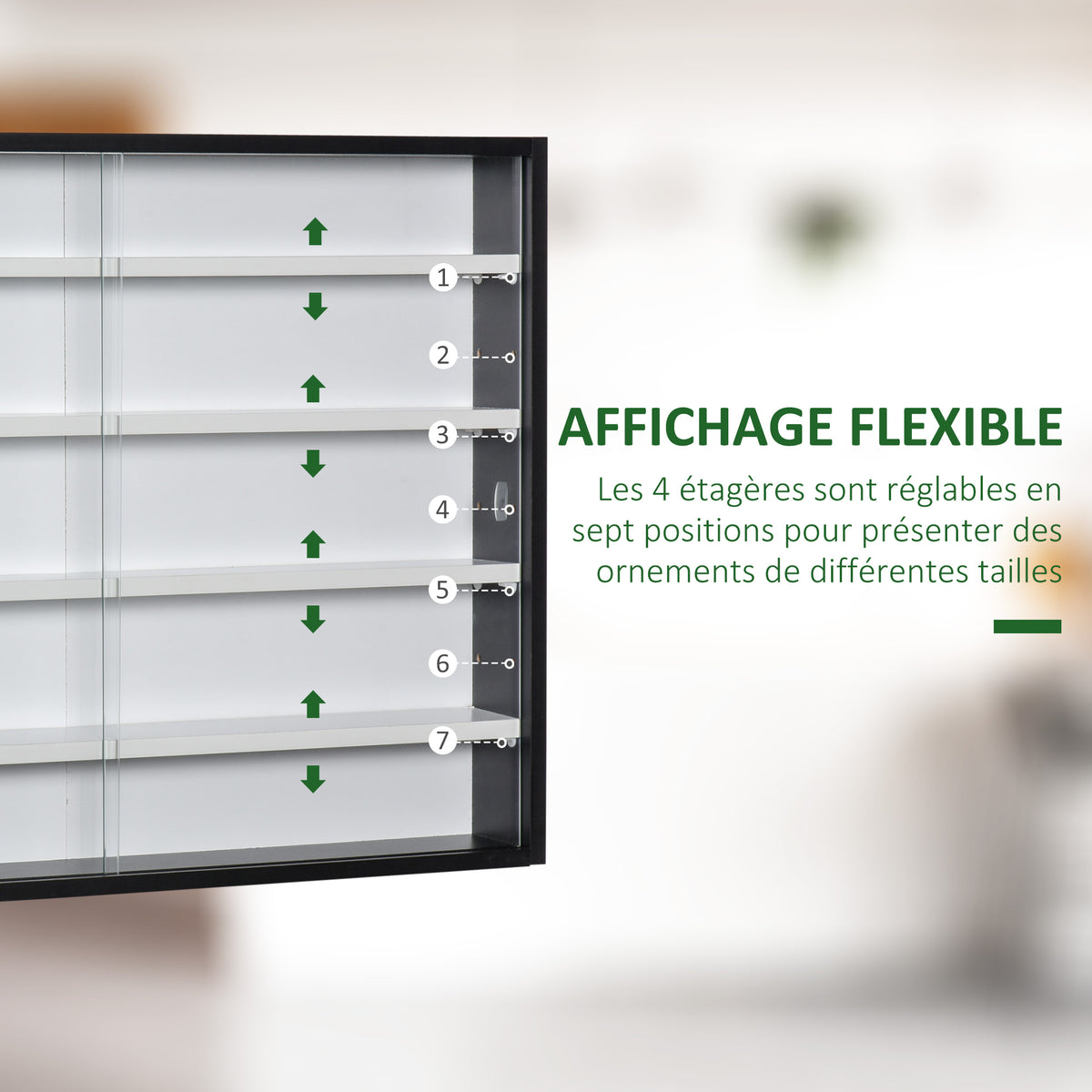 Wandvitrine voor verzamelobjecten, 4 in hoogte verstelbare planken en 2 schuifdeuren, 80 x 9,5 x 60 cm, zwart
