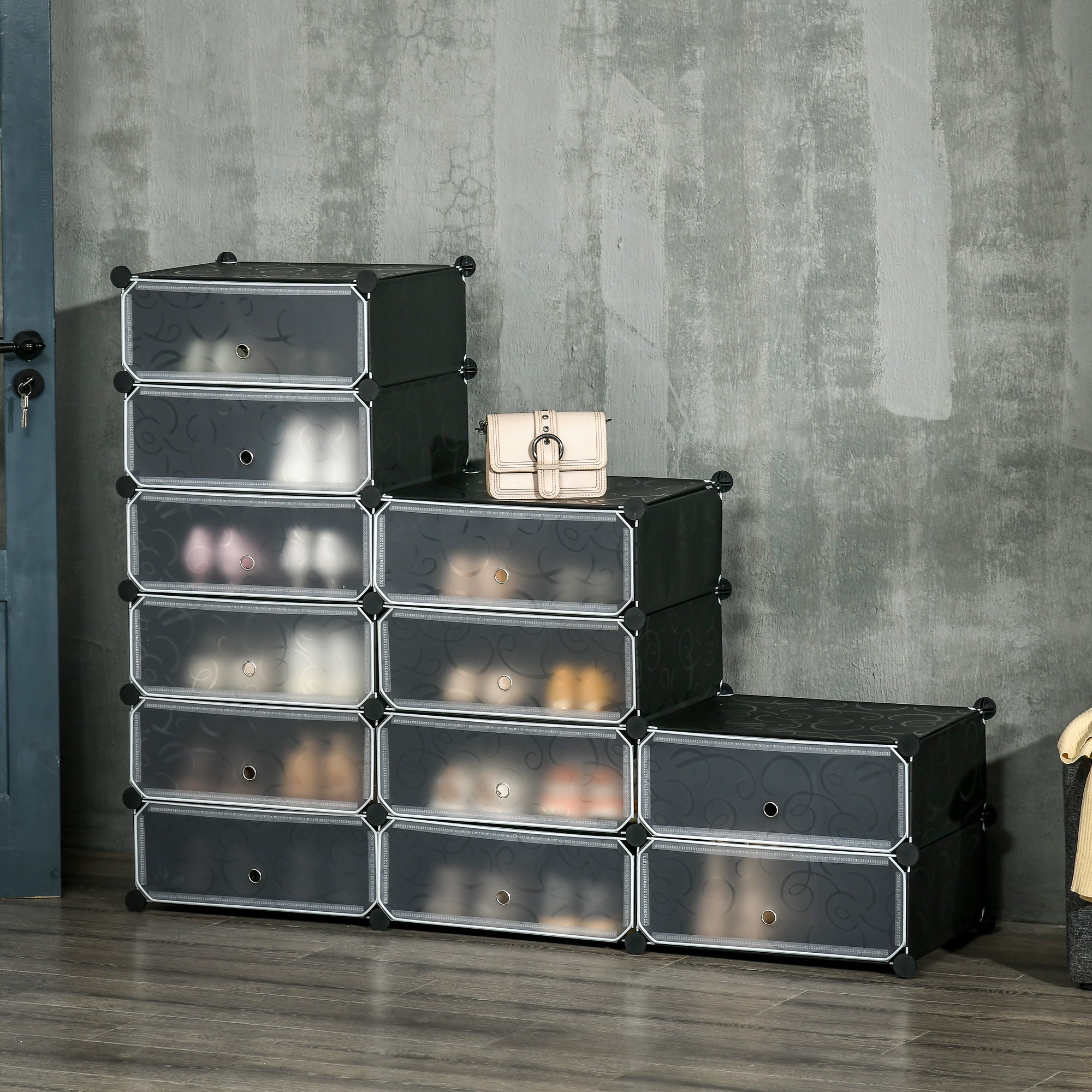 Armoire meuble à chaussures modulable 94L x 37l x 108H cm 12 cubes rectangulaires capacité 24 paires de chaussures