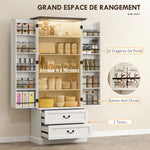 Buffet haut cuisine, armoire de cuisine, LED à capteur, 2 portes, tiroirs et étagères réglables, 76x39,5x183cm, blanc