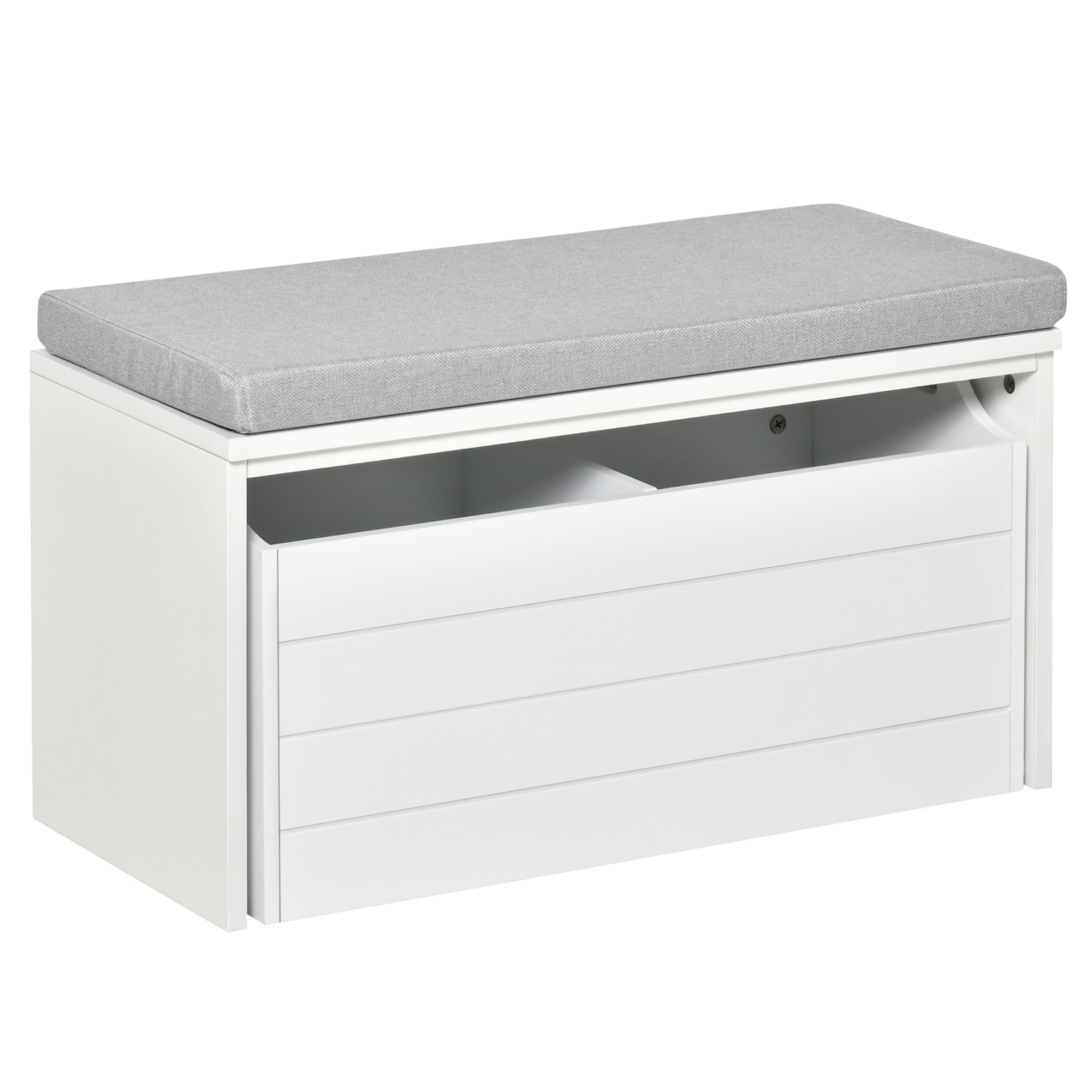 Banc de Rangement avec Coussin Gris - Meuble à Chaussures - Banc à Chaussures avec Grand tiroir Double Compartiment - MDF Blanc