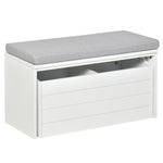 Banc de Rangement avec Coussin Gris - Meuble à Chaussures - Banc à Chaussures avec Grand tiroir Double Compartiment - MDF Blanc