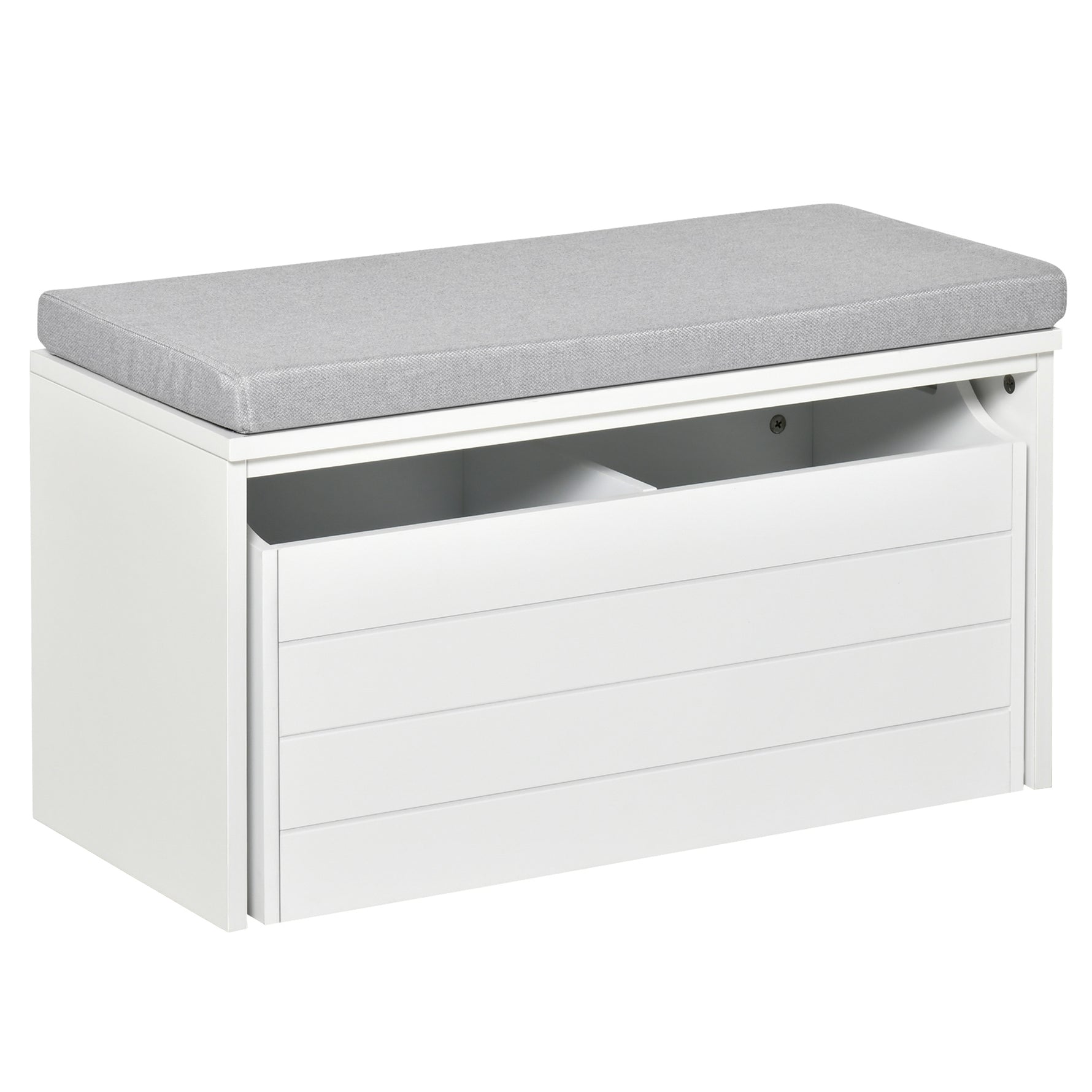 Banc de Rangement avec Coussin Gris - Meuble à Chaussures - Banc à Chaussures avec Grand tiroir Double Compartiment - MDF Blanc