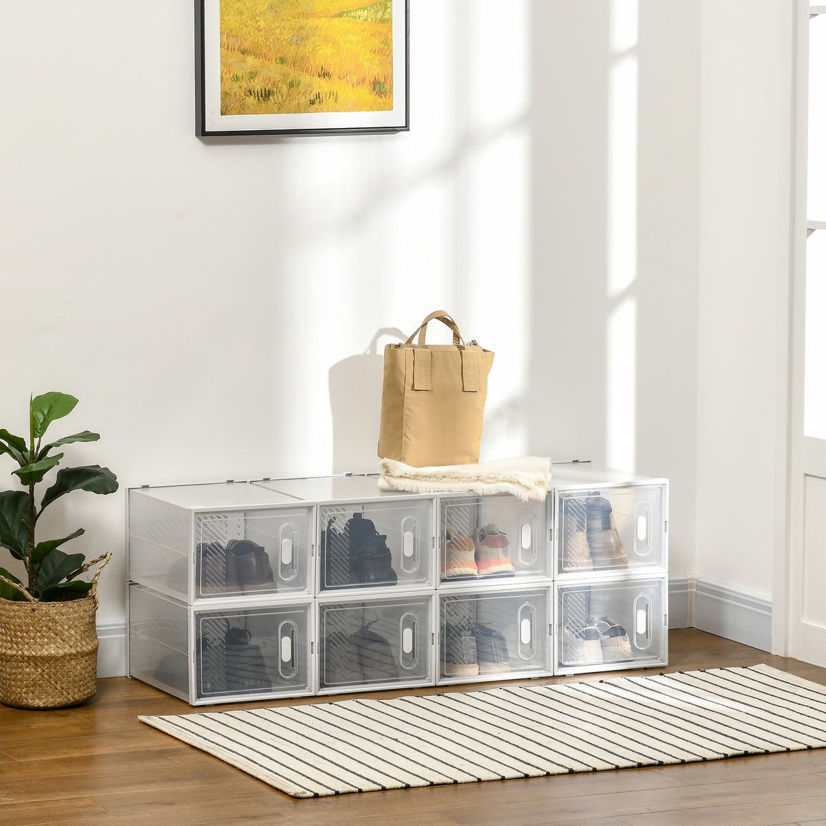 Meuble de rangement modulable, 8 cubes, meuble à chaussures empilables, vêtements, livres, jouets, blanc et transparent