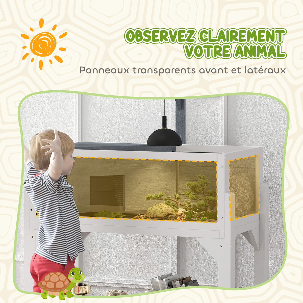Maison pour tortues terrarium tortue terrestre sur pieds 2 zones toit ouvrant zone interactive 84,5 x 47,5 x 90 cm gris