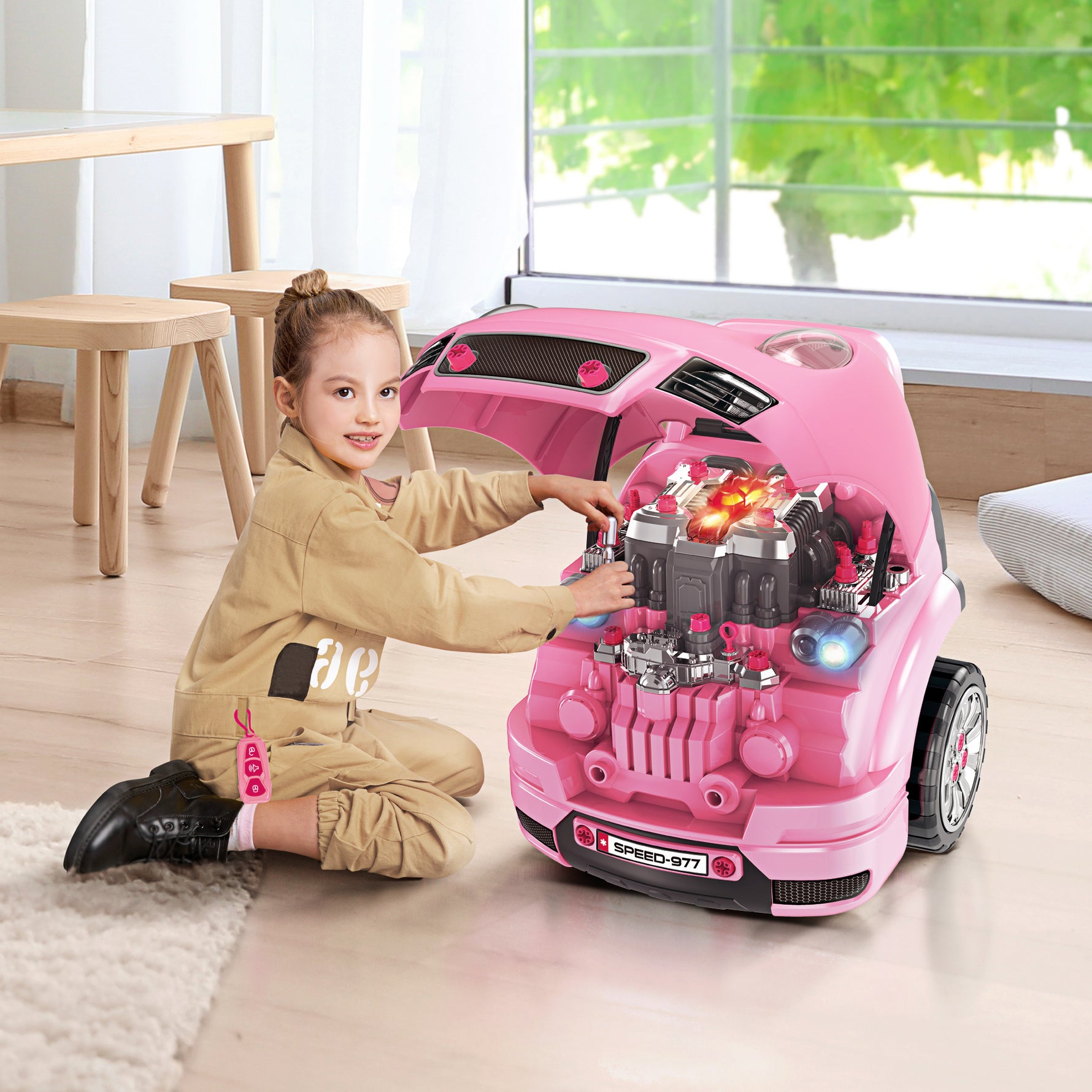 Camion mécano 2 en 1 jouet bricolage enfant jeu d'imitation mécanicien nombreux qccessoires total de 61 pièces rose