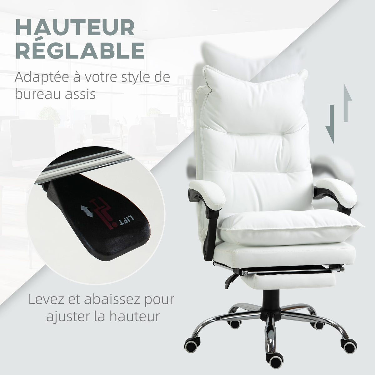 Fauteuil de bureau, chaise bureau ergonomique avec dossier inclinable, hauteur réglable, 66 x 72 x 130 cm, blanc