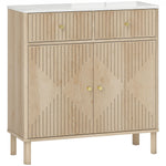 Buffet, meuble de rangement cannelé avec plateau effet marbre, 2 tiroirs, 2 portes, étagère réglable, 77x30x80cm, chêne