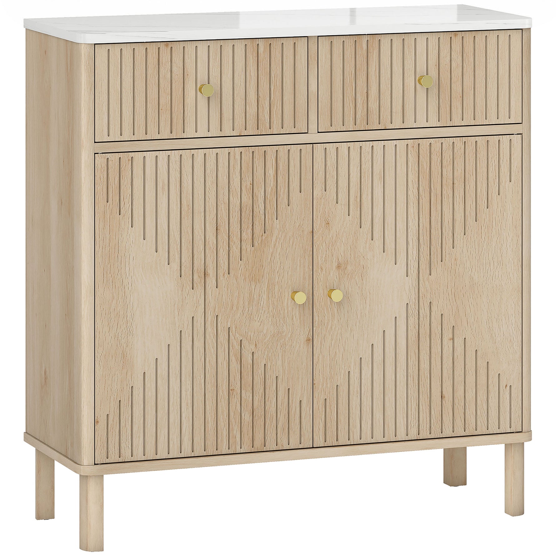 Buffet, meuble de rangement cannelé avec plateau effet marbre, 2 tiroirs, 2 portes, étagère réglable, 77x30x80cm, chêne