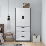Armoire chambre penderie avec 2 portes à fermeture douce, 3 tiroirs et barre de suspension, 80x50x180cm, gris et blanc