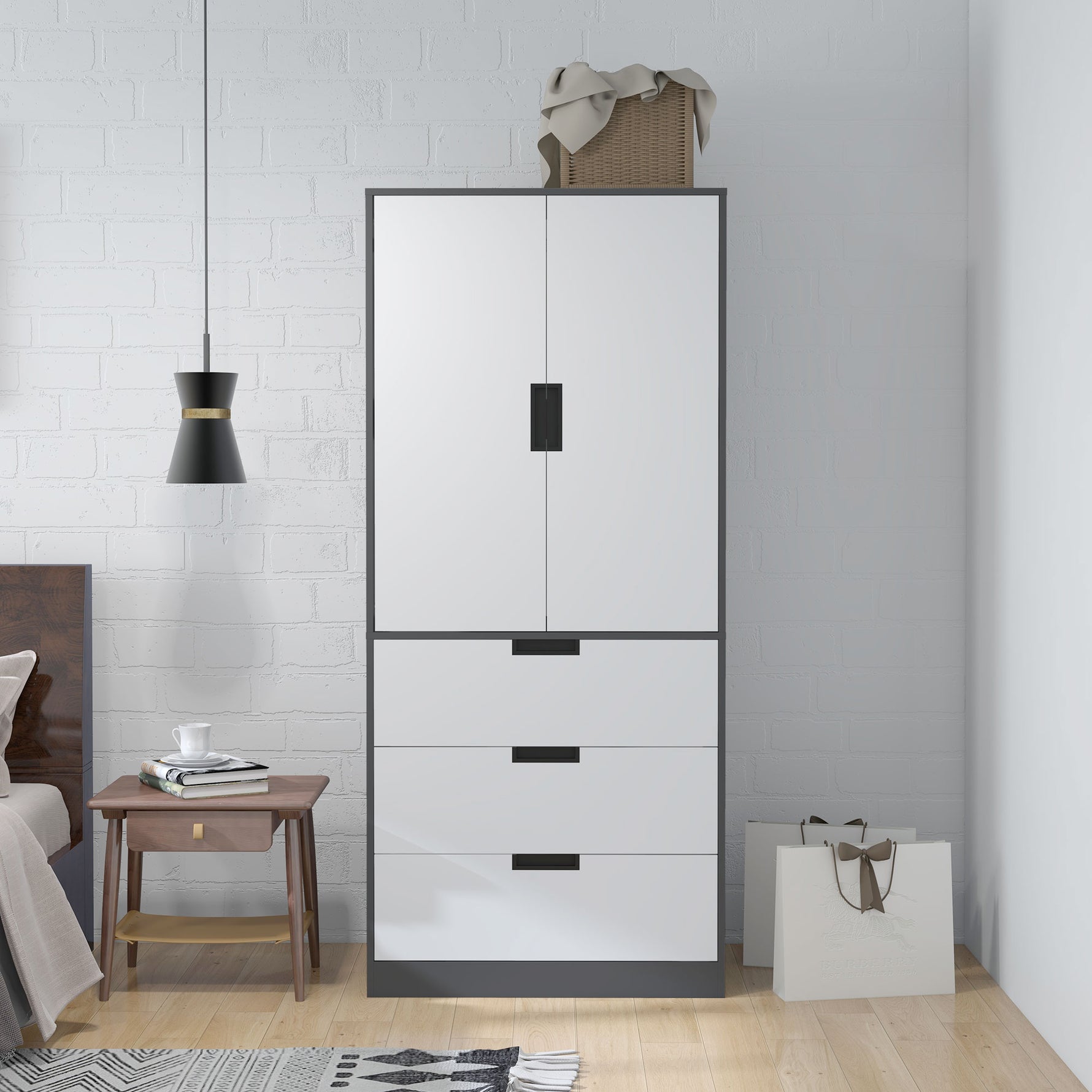 Armoire chambre penderie avec 2 portes à fermeture douce, 3 tiroirs et barre de suspension, 80x50x180cm, gris et blanc