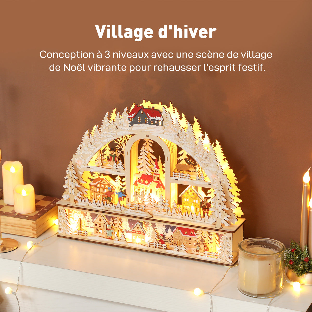 Verlicht kerstdorp met 20 leds, geanimeerd boogvormig kerstdorp, werkt op batterijen, 45 x 10 x 35 cm, naturel hout