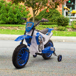 Moto Cross électrique Enfant 3 à 6 Ans 12 V 3-8 Km/h avec roulettes latérales Amovibles dim. 106,5L x 51,5l x 68H cm Bleu