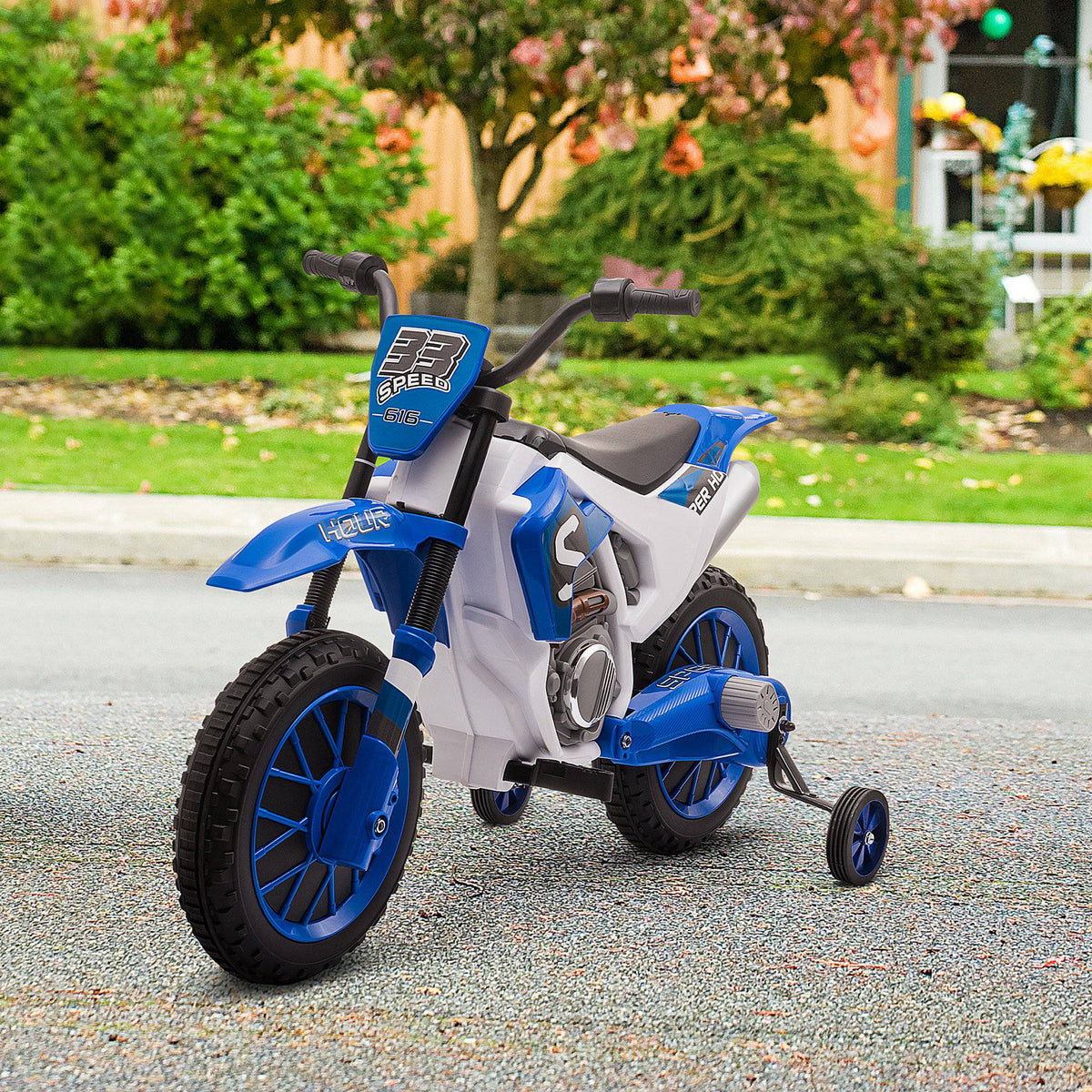 Moto Cross électrique Enfant 3 à 6 Ans 12 V 3-8 Km/h avec roulettes latérales Amovibles dim. 106,5L x 51,5l x 68H cm Bleu