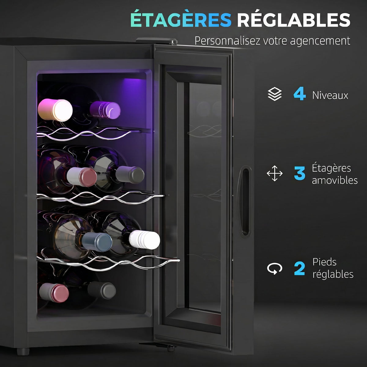 Cave à vin 8 bouteilles 21L, réfrigérateur à vin et boissons avec température réglable 8-18°C, porte en verre, noir