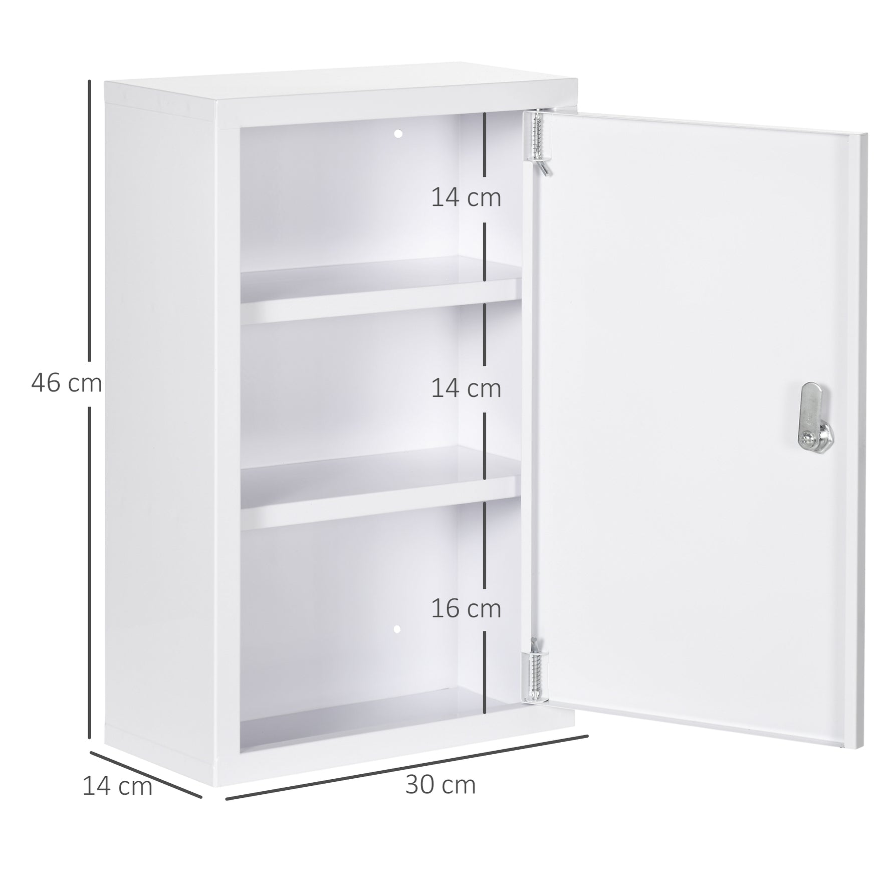 Armoire à pharmacie murale en acier, armoire à médicaments à 3 niveaux porte verrouillable 2 clés, 30x14x46cm, blanc