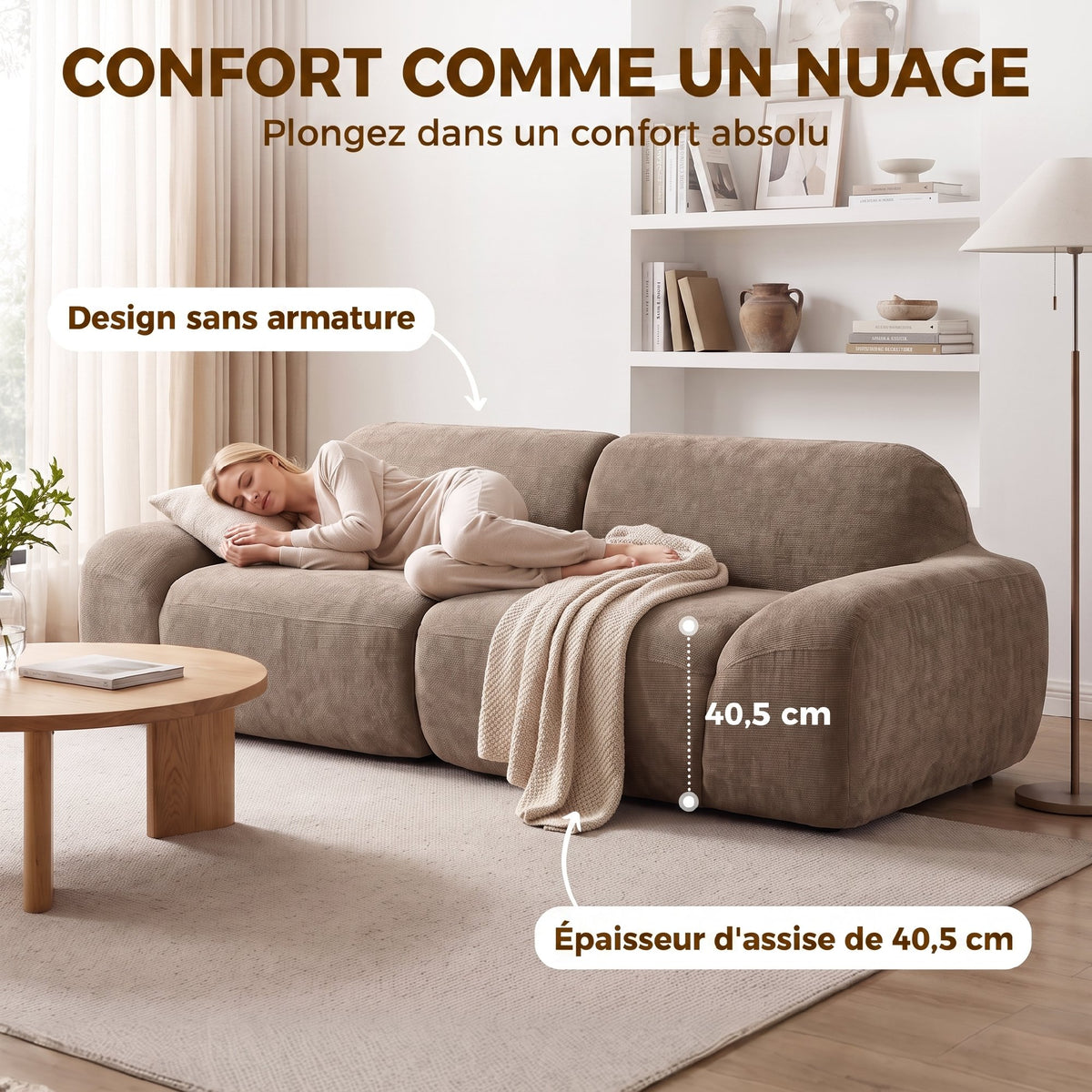 Canapé 3 Places en Chenille 244 cm, Canapé Salon Moderne, Assise et Accoudoirs Larges, Ressorts Ensachés, Marron Clair