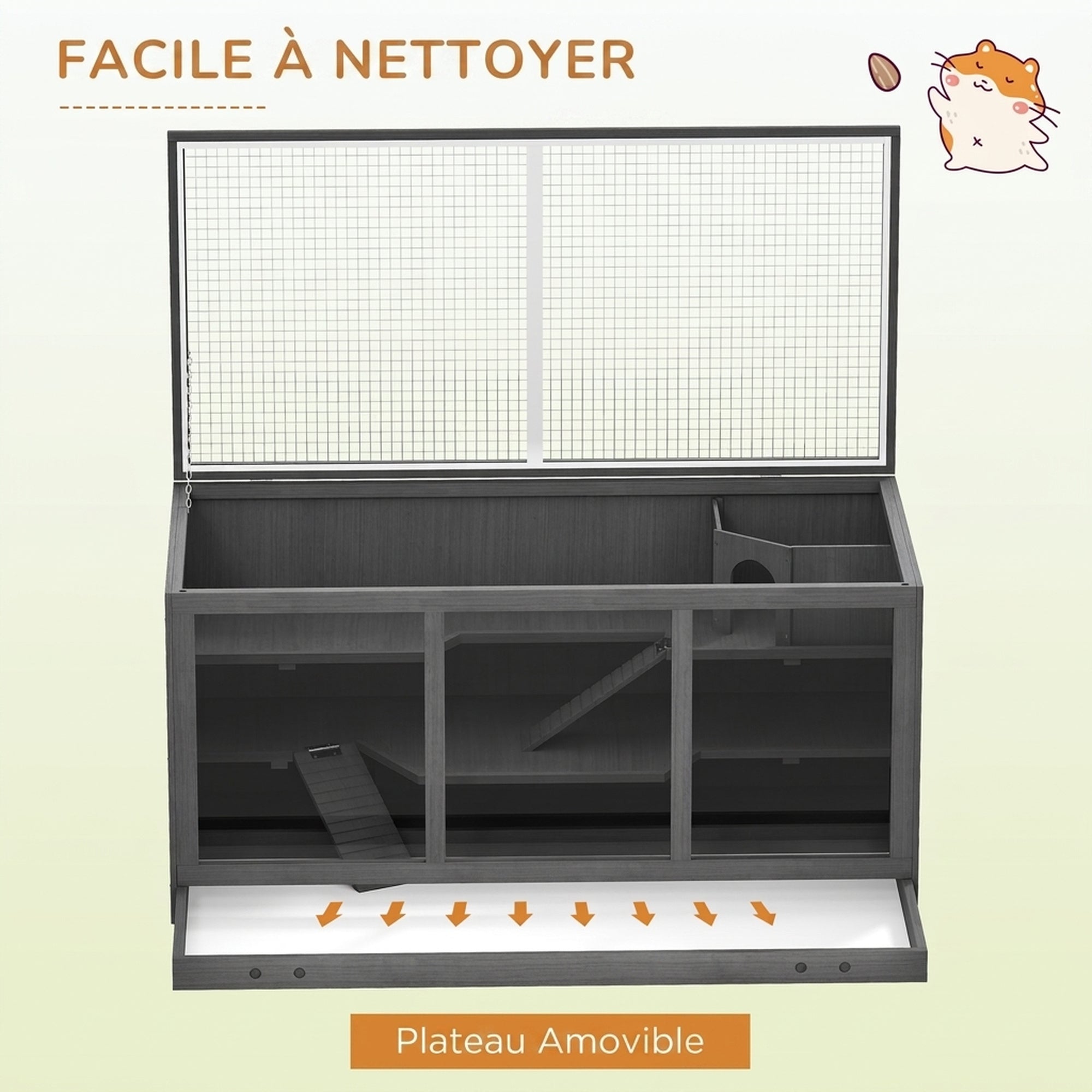 Jaula para hámster y jerbos, 2 niveles, techo abatible, ventanas, caseta, 2 escaleras, 115 x 57 x 55 cm, gris