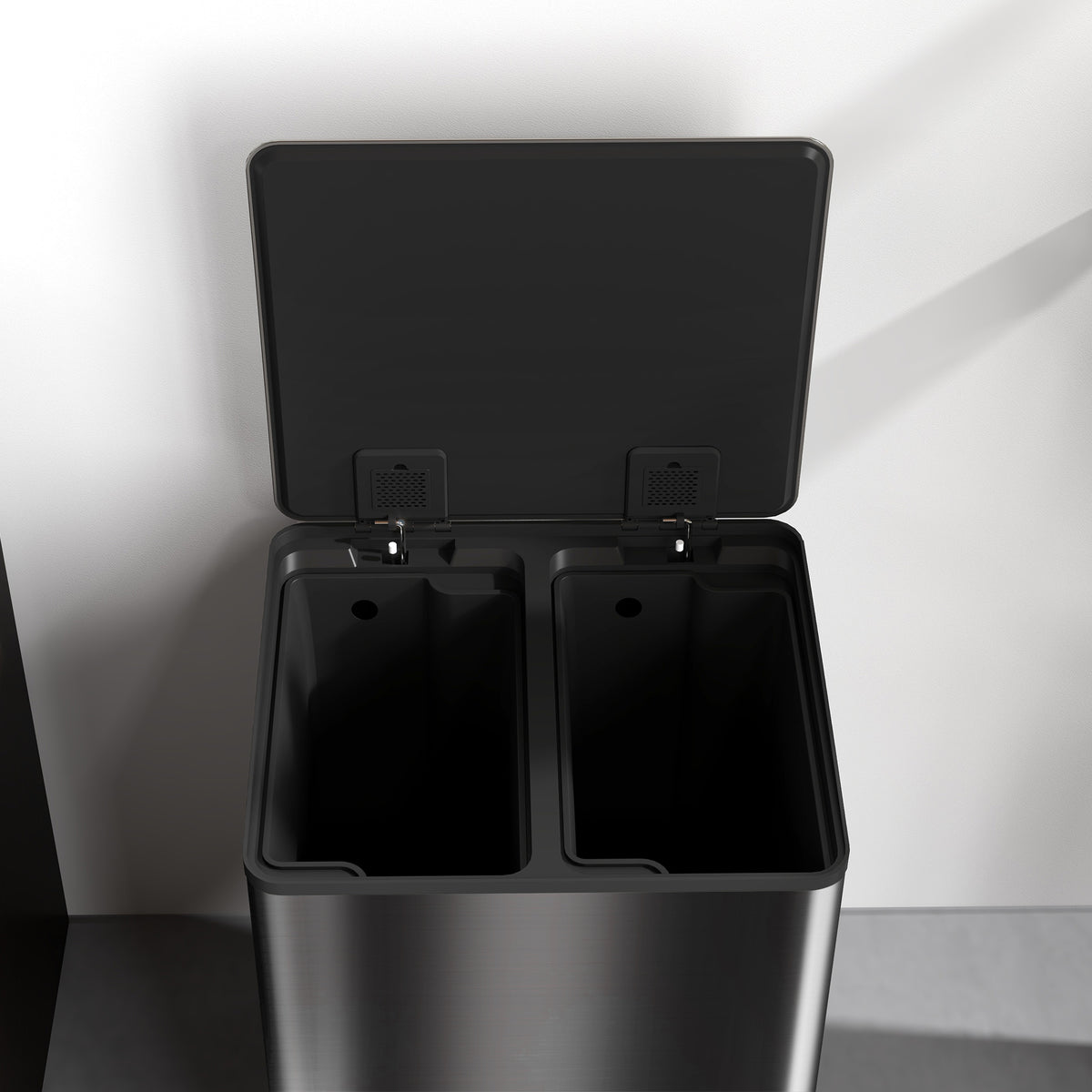 Küchenabfalleimer mit 2 Fächern à 2 x 30L, Edelstahl, Soft-Close-Deckel, 47,7x37,5x66,8cm, schwarz
