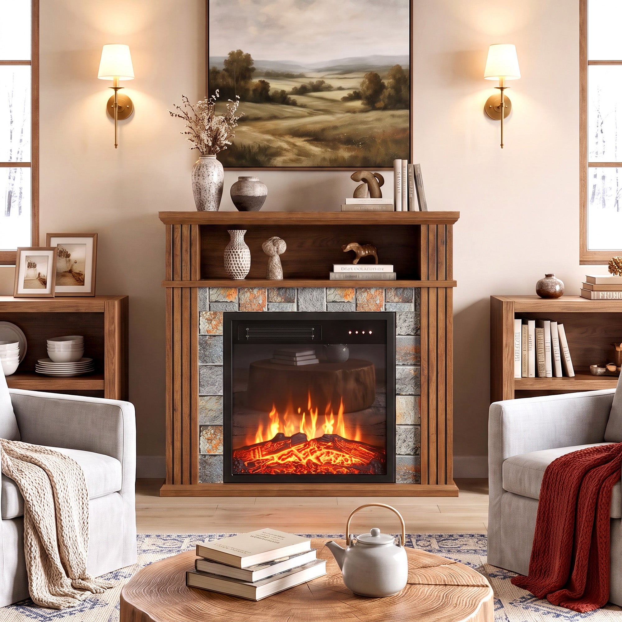 Elektrischer Kamin 1800 W, realistischer LED-Flammeneffekt, offenes Fach, 5 Helligkeitsstufen, Kaminsims, Braun