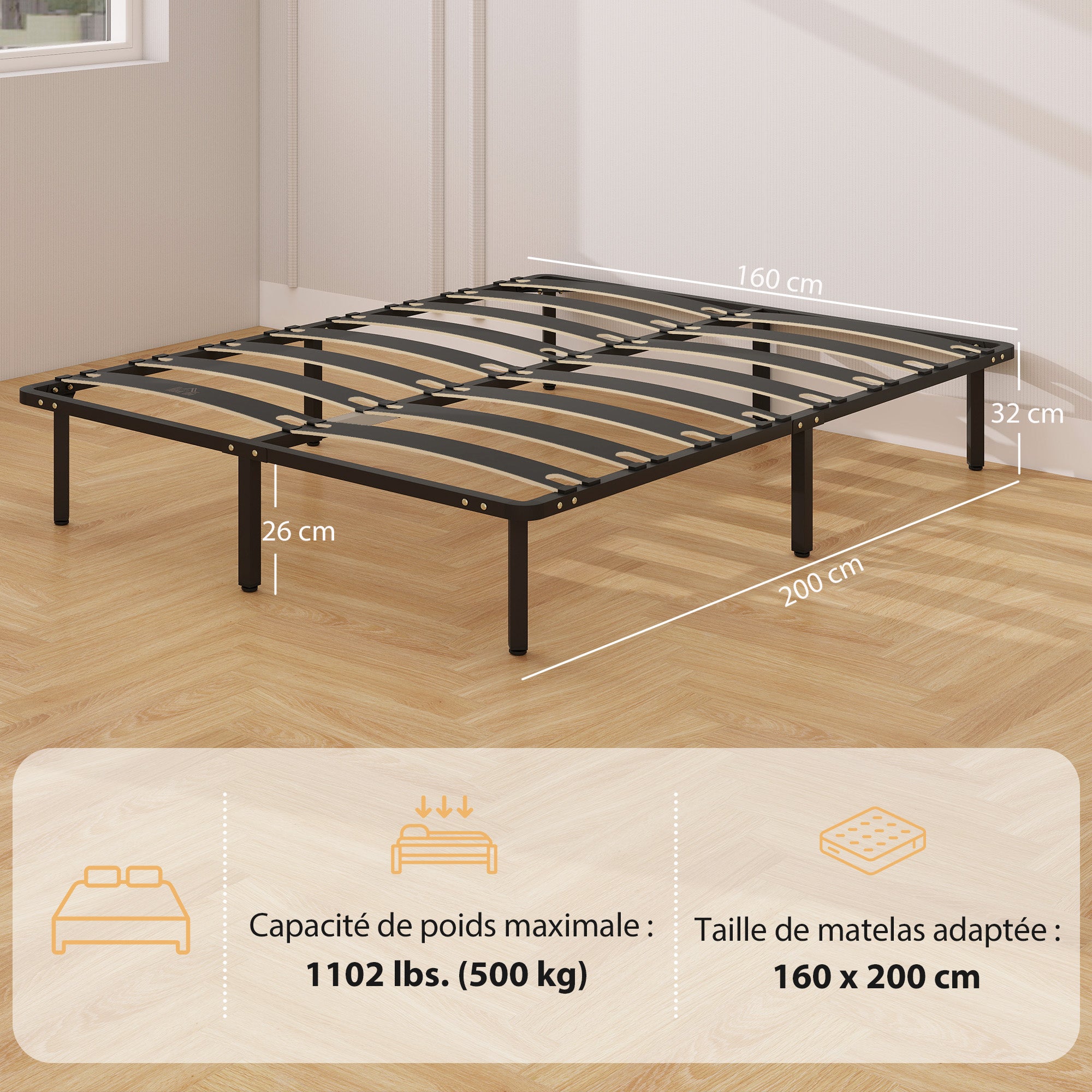Bettgestell 160 x 200 cm, Doppelbett mit Lattenrost aus Massivholz und Fußteil, mit Stauraum darunter, schwarz